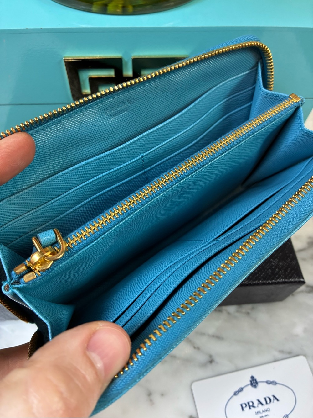 Prada Voyage Blue Saffiano Leather Zip Around Wallet - Pristine Condition - Picture 7 of 13